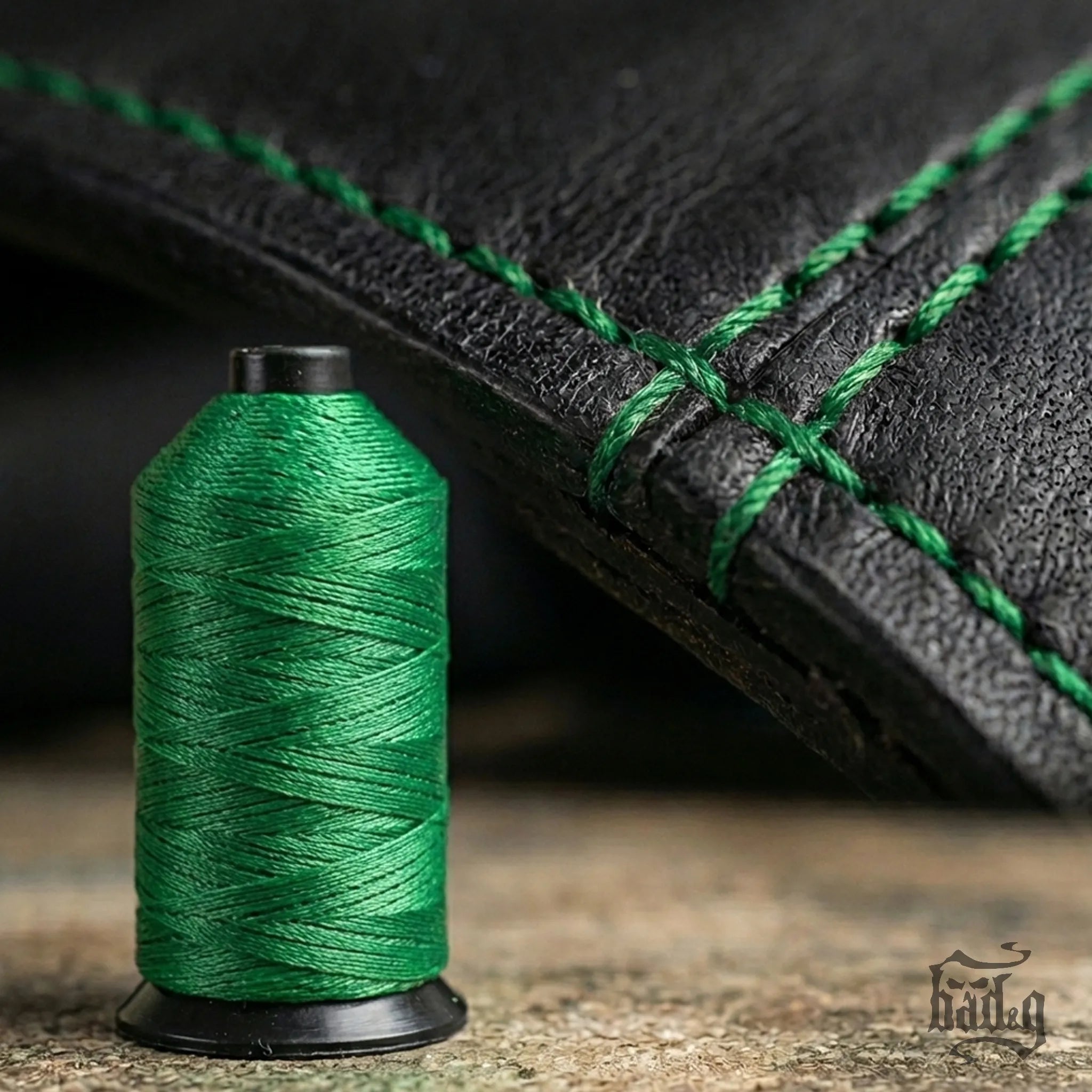 Spool of green thread next to a black leather product with green stitching
