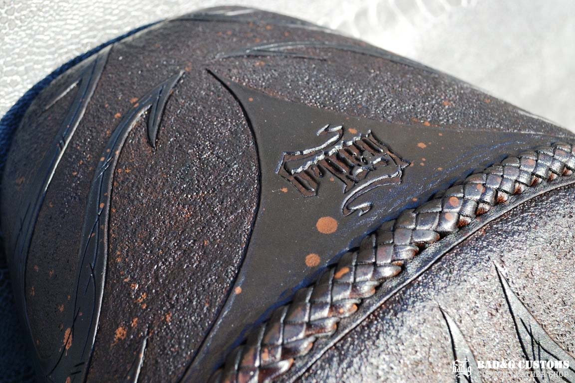 "Big Dog Choppers" logo design hand tooled and braided. Antiqued Blue Veg tan leather with kangaroo lace. West Coast Choppers for Life!