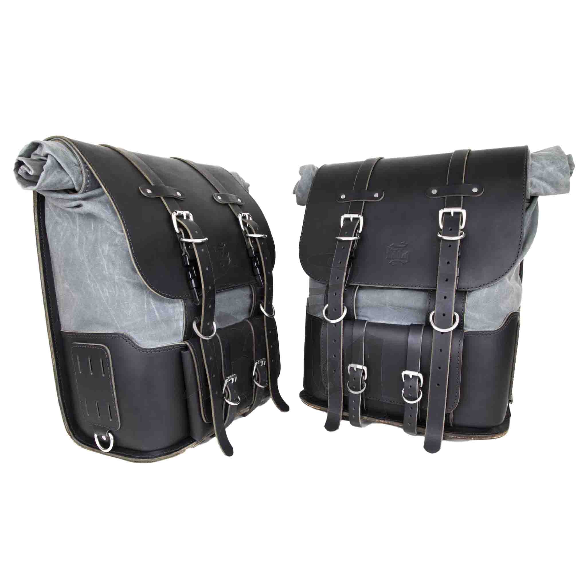 Upgrade your ride with the URB10 Rolltop Saddlebags. Unique design enables quick conversion from saddlebag to backpack. Hand crafted in USA with premium veg tan water buffalo leather, waxed canvas and stainless steel hardware. Durable and stylish, they are the perfect fit for your motorcycle.