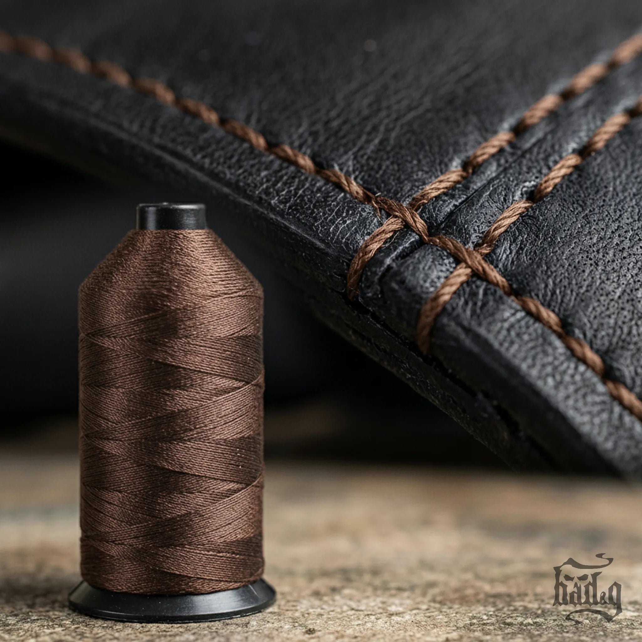 Spool of brown thread next to a piece of black leather with brown stitching.