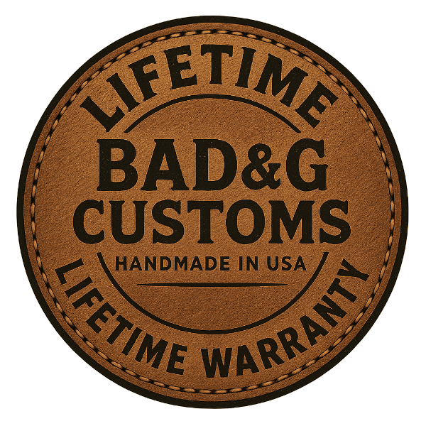Round leather patch with 'Lifetime Bad & G Customs' branding on a white background